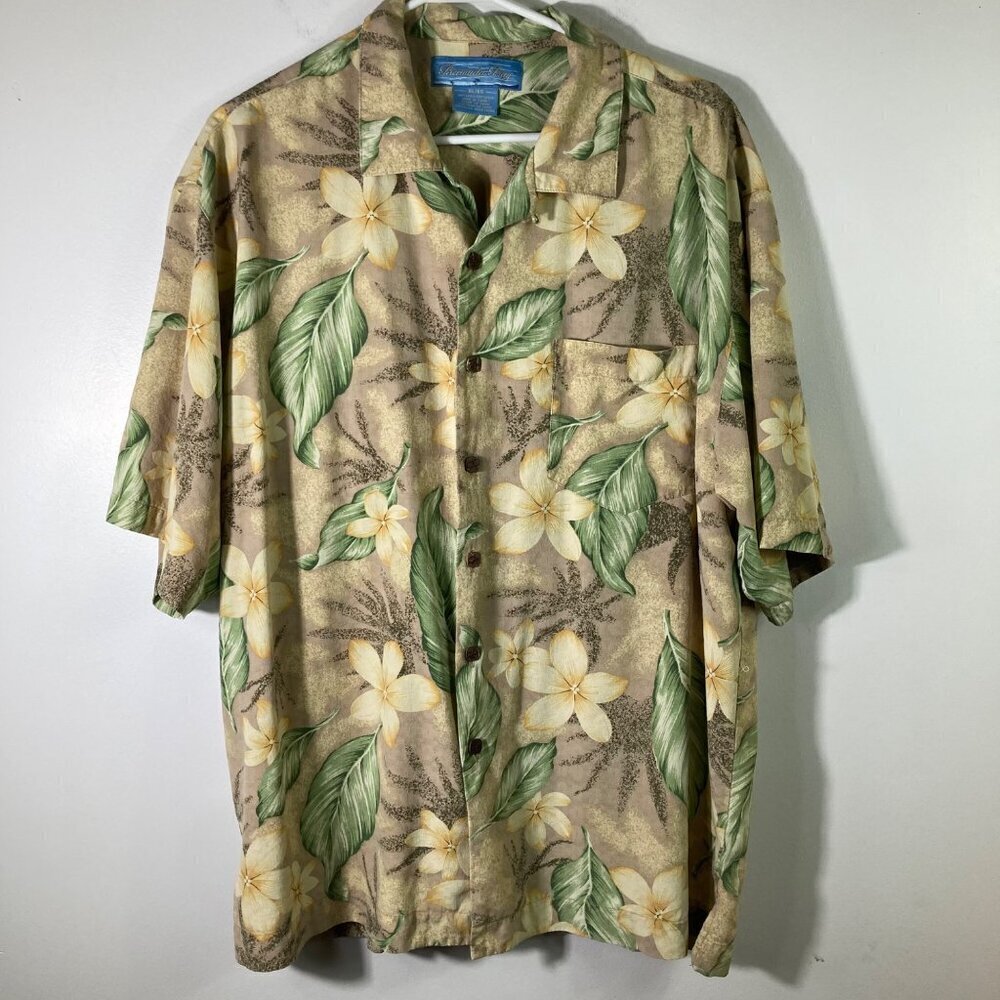 Mens Bermuda Bay Silk‎ Hawaiian Shirt Floral Tan Yellow Green XL